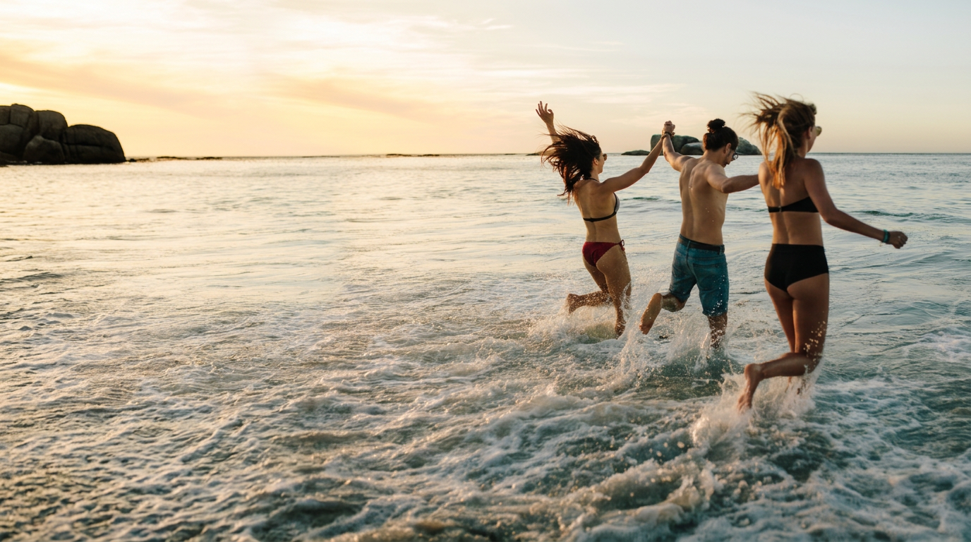 Three people jumping into the ocean at sunset